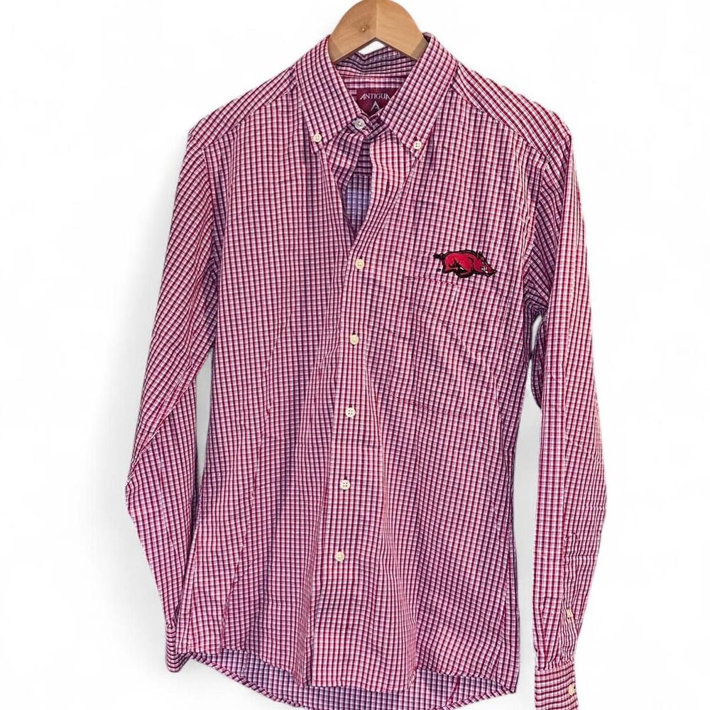 Arkansas Red & White Gingham Button-Up Game Day Shirt w/ Embroidered Razorback